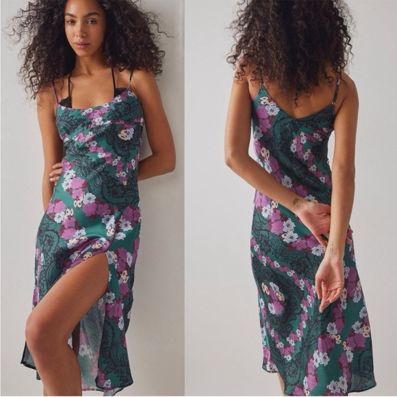 NWOT Free People Right This Way Printed Bias Slip Dress In Green Combo Medium - Picture 1 of 15